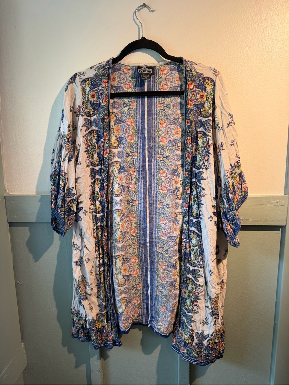 Angie White Floral Boho Kimono with Blue Trim